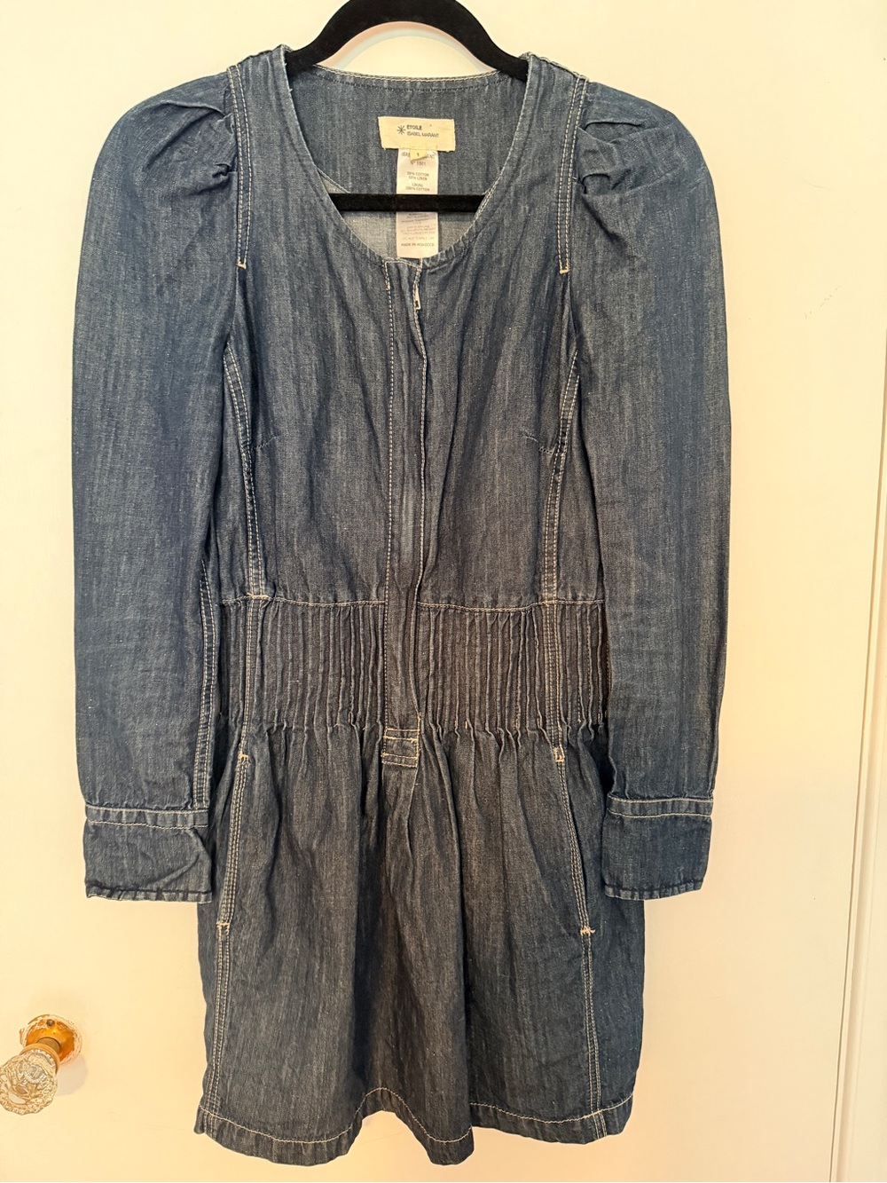 Isabel Marant Indigo Denim Long-Sleeve Shirred-Waist Dress